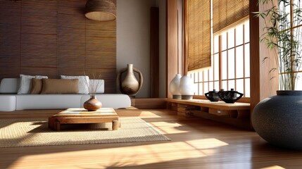 A stylish living room bathed in natural light featuring wooden furniture, woven textures, decorative vases, and a tranquil, minimalist design.