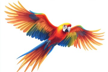 Fototapeta premium Flying Macaw Bird Parrot Wings Vibrant Tropical Bird Exotic Avian Nature Beauty on white background. Generative AI