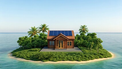 Solar power for households and agriculture A modern house surrounded by tropical greenery on a serene island with clear blue waters.
