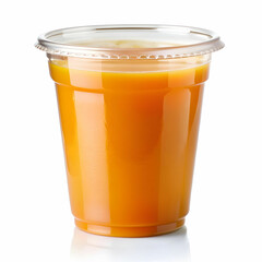 plastic cup with juice on white background