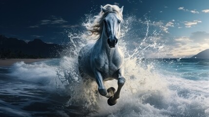 Obraz premium White horse galloping on the ocean under moonlight creating splashes of water with a serene backdrop of the night sky and full moon