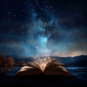 An open book unfolds a magical gateway to the boundless cosmos inviting the reader on a journey of mental expansion and discovery
