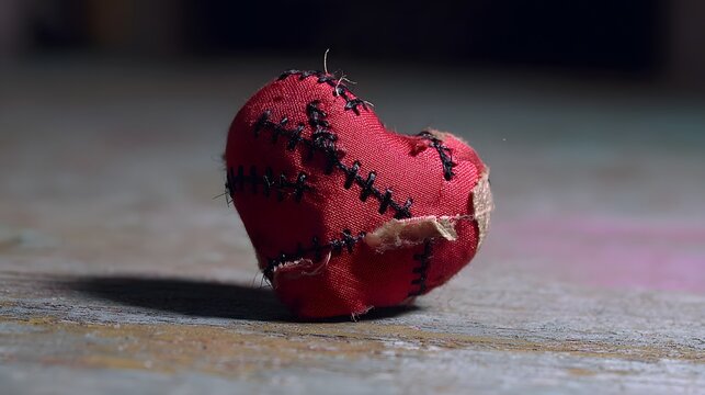 A tattered and stitched red heart symbolizing the emotional journey of recovery and healing from a broken relationship or traumatic experience