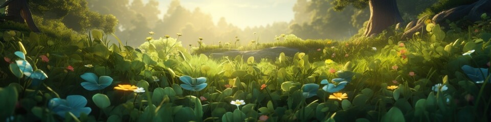 This digital artwork showcases a magical forest alive with colorful flowers, soft light filtering through lush leaves, and a serene atmosphere inviting exploration and imagination.