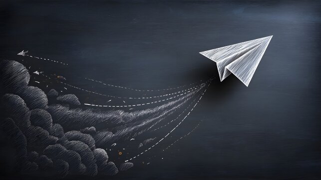 A paper airplane taking flight from a chalkboard representing the pursuit of knowledge and the of new possibilities in life