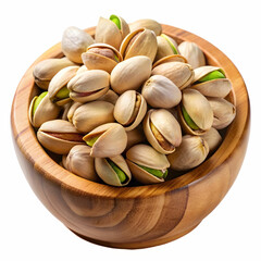 pistachio nuts in a wooden bowl on a transparent