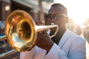 Blind Latinx musician performing at a street event sunset rim lighting with lens flare brass instrument reflections street