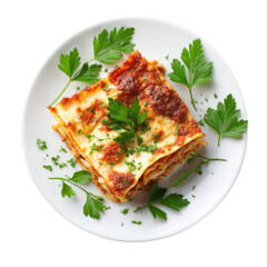 Delicious lasagna slice garnished with fresh parsley isolated on transparent background