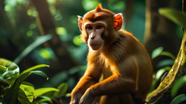 video of The toque macaque is a reddish-brown Old World monkey species, known for its distinctive whorl of hair on the head and playful behavior, native to the forests of Sri Lanka