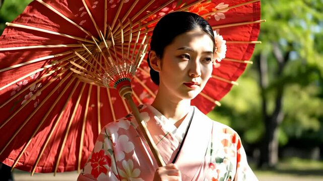 A spring portrait of a beautiful Japanese woman in kimono with a red traditional umbrella