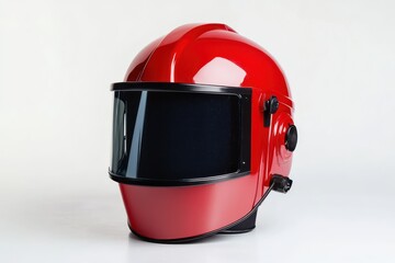 Red welding helmet protection metalwork safety gear technician craftsmanship on white background. Generative AI