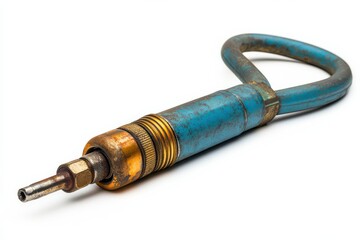 Old blue pneumatic tool detail Rusty industrial air hammer handle close up on white background. Generative AI