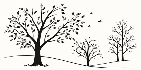 A set of simple hand-drawn trees, black tree sketches on a white background, looks like a drawn forest in white background vector illustration.
