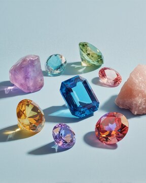 Jewel Symphony: A captivating collection of dazzling jewels, each unique in shape and color, arranged to create a symphony of elegance and beauty, highlighting the exquisite craftsmanship of the gems.