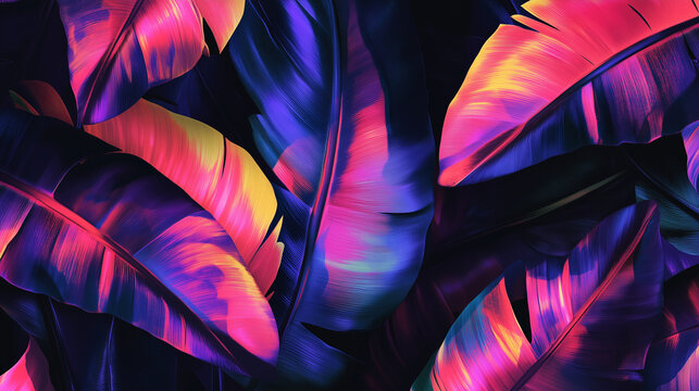 Abstract tropical leaf pattern in vibrant neon colors, dynamic artistic vibe, high detail, white background