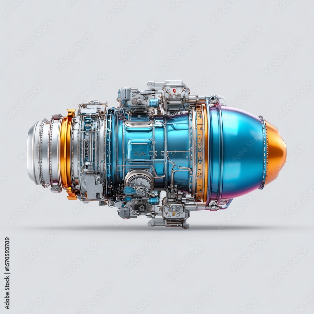 Fototapete high-tech engine: an up-close perspective of a sleek, intricately designed engine, rendered in cool 