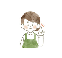 人差し指を立てているエプロンを着用した女性-水彩