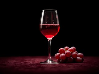 Glass of red wine with drops on glass, bunch of grapes nearby, velvety textures