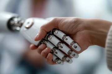 Human hand shakes a robotic hand in a collaborative technology setting