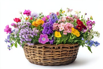 Wicker Basket of Wildflowers Colorful Spring Bloom Garden Flowers Gift Bouquet on white background. Generative AI
