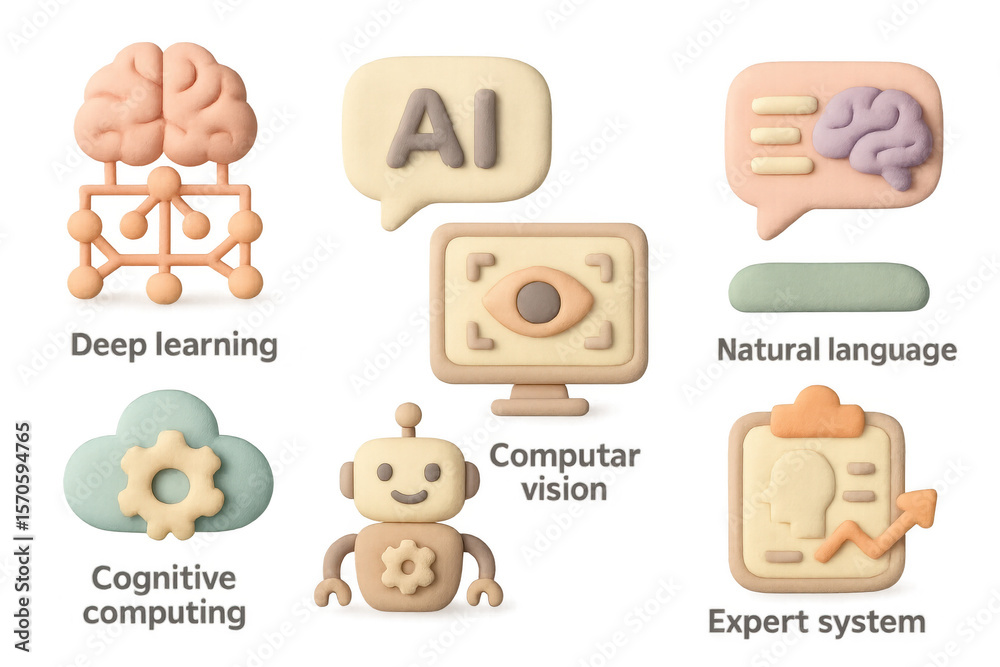 Wall mural illustration of ai technology icons grid featuring deep learning and cognitive computing for design