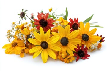 Black Eyed Susans Bouquet in Full Bloom Yellow and Red Daisy Flowers Floral on white background. Generative AI