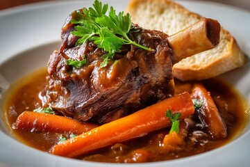 Top-down view of braised lamb shank in rich brown gravy with carrots, parsley garnish, and crusty bread on white plate, showcasing rustic French cuisine, slow-cooked comfort food, and gourmet meal app