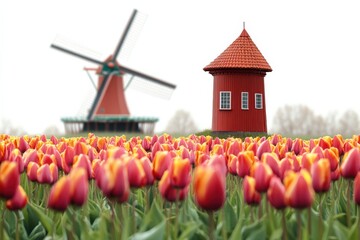 Holland spring colors Tulips field with windmill scenic landscape Netherlands on white background. Generative AI