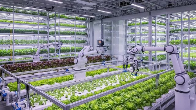 Innovative Robots Tend to Hydroponic Lettuce Farm in Modern Greenhouse Setup