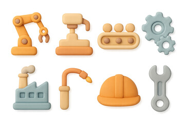 Industrial objects in modern clay style illustration for design projects