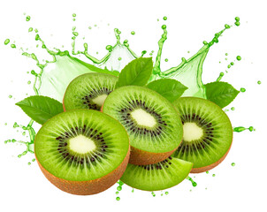  Fresh Green Kiwi with Vibrant Juice Splash Isolated on Transparent PNG
