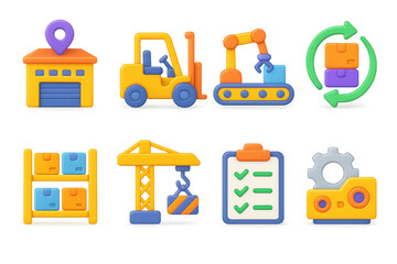 Industrial 3d icons illustration with warehouse, machinery, and logistics for design projects