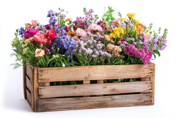 Charming colorful wildflowers blooming abundantly in weathered wooden crate on white background. Generative AI