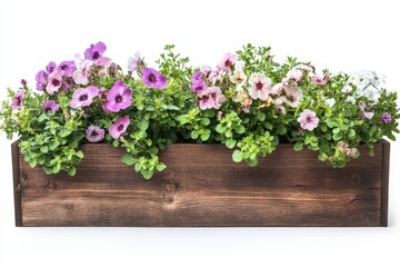 Petunias in Rustic Wooden Box Floral Beauty Garden Decor Summer Blooms Container on white background. Generative AI