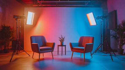 Studio. Empty studio without people. Studio for podcasts or interviews. Stylish studio. Two comfortable chairs with cameras