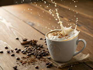  Cup of latte with foam and coffee splashes on wooden table, coffee beans nearby