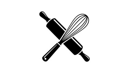 Black silhouette of crossed rolling pin and whisk