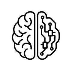 Minimalist black and white illustration of a brain divided into two halves: one organic, one made of circuitry, representing artificial intelligence and human cognition.