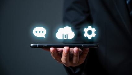 Corporate Executive Interacting with Advanced Hologram Interface for Business Intelligence, Analytics, and Strategy Planning