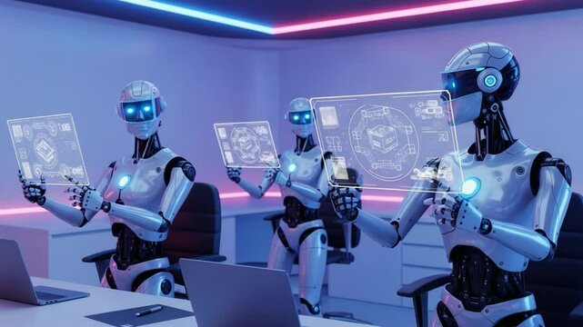 Innovative Robots Demonstrating Advanced Technology in a Futuristic Workspace