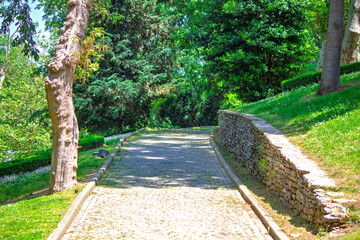 City parks concept. Walking path in Gulhane Park, Istanbul. Trees and green grass. A quiet and...
