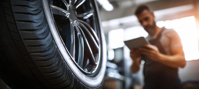 The tire being inspected by a mechanic while using a tablet in a workshop.
