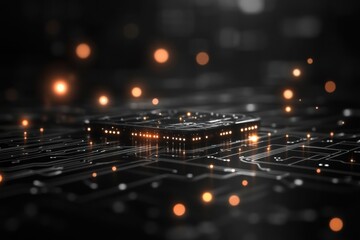 A minimalistic representation of an abstract technology environment features glowing circuits and patterns creating a sense of depth and innovation.