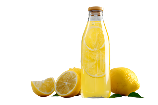 Refreshing lemonade bottle with lemon slices isolated on a transparent background