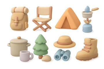 Simple camping gear illustration: backpack, tent, and more for outdoor adventure design