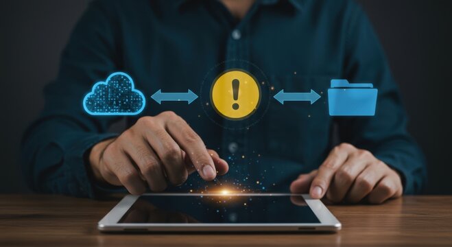 Man using tablet to manage cloud data transfer with an alert symbol indicating a potential issue or warning