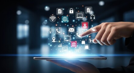 Hand Interacting with Glowing App Icons on Tablet, Digital Interface
