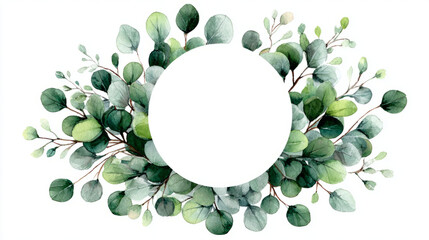 Delicate round frame of watercolor eucalyptus leaves with soft center space, isolated on white