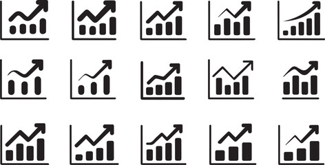 Collection of business growth bar chart icons with upward trend arrow silhouette isolated on white background