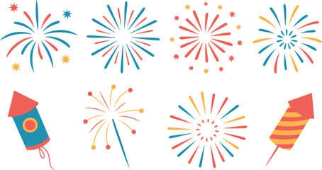 Collection of colorful fireworks and rockets silhouette isolated on white background